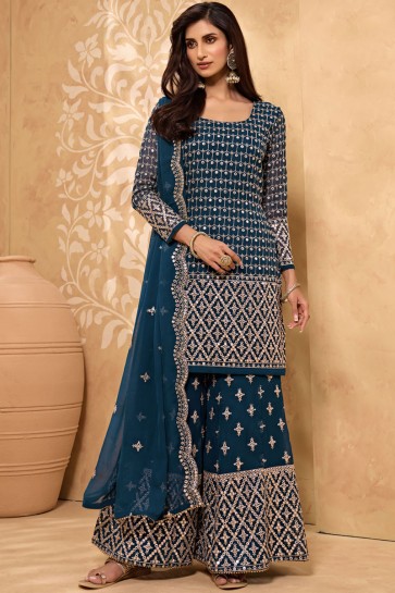 Teal Blue Zari Work Georgette Fabric Plazzo Suit With Lace Worked Georgette Dupatta