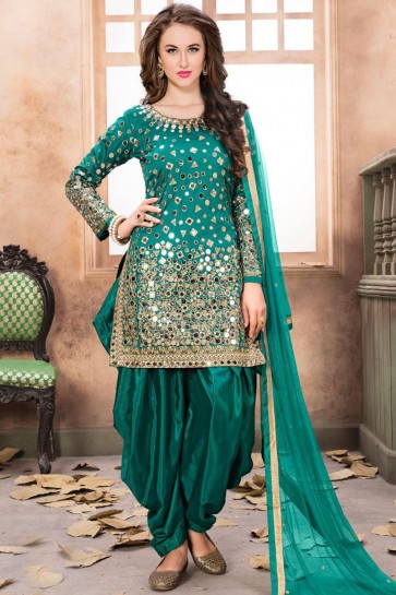Bottel Green Embroidered Mirror Work Net Fabric Patiala Suit With Net Dupatta
