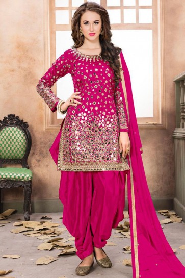 Pink Embroidered Mirror Work Net Fabric Patiala Suit With Net Dupatta