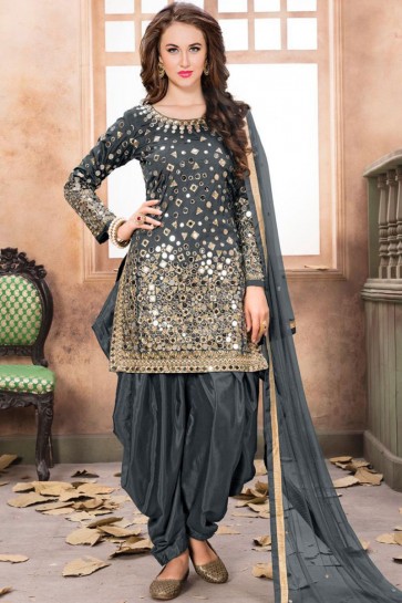 Net Grey Embroidered Mirror Work Designer Patiala Suit With Net Dupatta