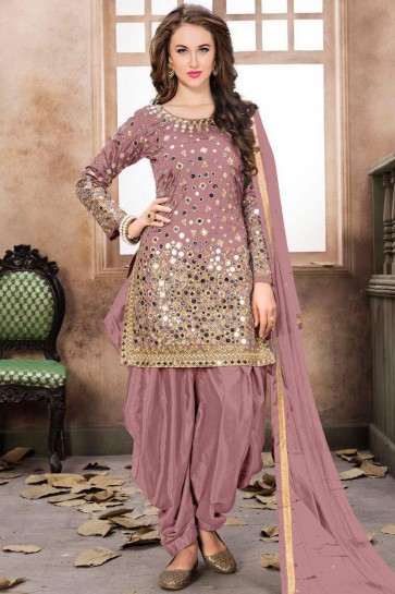 Baby Pink Net Embroidered Mirror Work Designer Patiala Suit With Net Dupatta