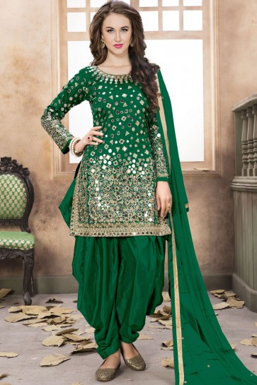 Net Green Embroidered Mirror Work Designer Patiala Suit With Net Dupatta