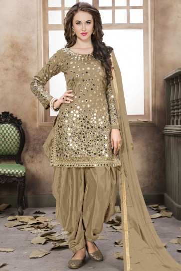 Beige Embroidered Mirror Work Net Fabric Patiala Suit With Net Dupatta