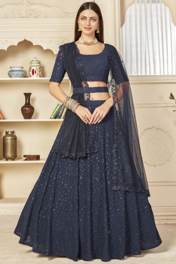 Navy Blue Georgette Fabric Designer Sequence Embroidered Thread Work Lehenga Choli With Net Dupatta