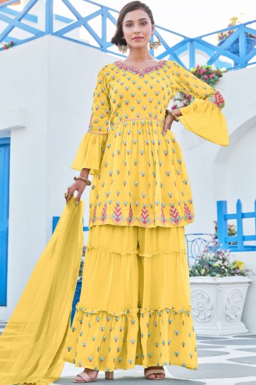 Yellow Georgette Heavy Embroidered Work Designer Plazzo Suit With Net Dupatta