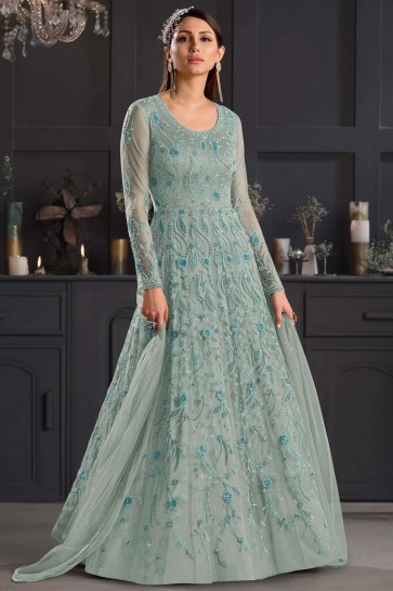 Multi Embroidered Thread Work Net Fabric Western Suit With Net Dupatta
