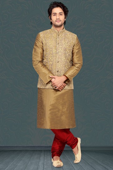 Poly Silk Fabric Khaki Kurta Payjama With Khaki Jacket
