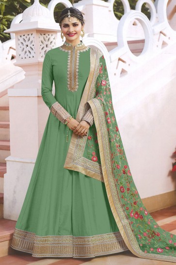 Prachi Desai Embroidered Green Satin Anarkali Salwar Suit With Chiffon Dupatta