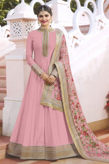 Prachi Desai Pink Satin Embroidered Anarkali Salwar Suit With Chiffon Dupatta