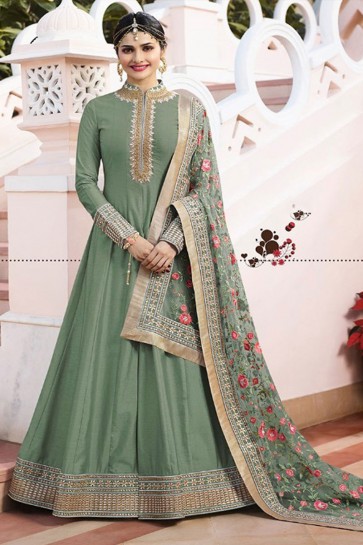 Prachi Desai Optimum Green Satin Embroidered Anarkali Salwar Suit With Chiffon Dupatta