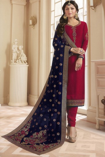 Drashti Dhami Maroon Engagement Wear Embroidered Salwar Suit With Banarasi Silk Dupatta