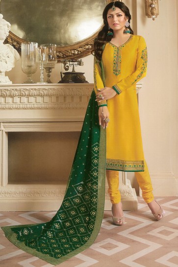 Drashti Dhami  Gorgeous Yellow Party Wear Georgette Satin Salwar Kameez With Banarasi Silk Dupatta