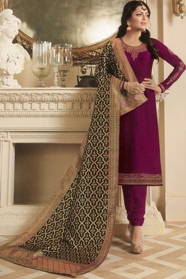 Drashti Dhami Beautiful Magenta Embroidered Salwar Suit With Banarasi Silk Dupatta