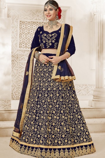 Excellent Navy Blue Embroidered Party Wear Velvet Lehenga Choli With Net Dupatta