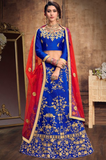 Blue Party Wear Stylish Embroidered Silk Lehenga And Blouse With Net Dupatta