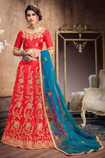 Stylish Navratri Special Red Embroidered Silk Lehenga And Blouse With Net Dupatta