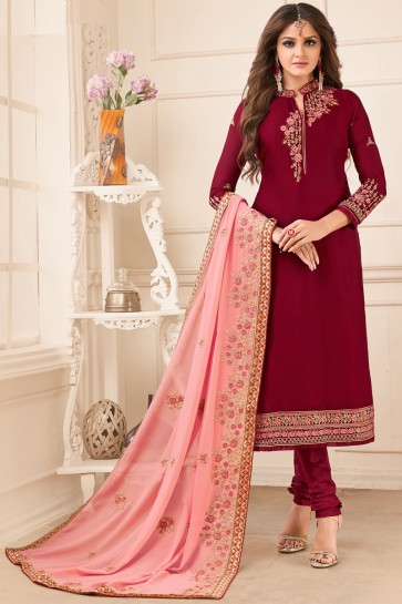 Ultimate Georgette Satin Maroon Embroidered Salwar Suit With Faux Georgette Dupatta