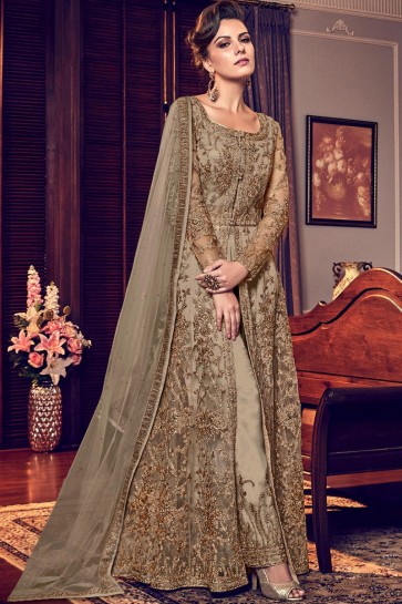 Marvelous Beige Embroidered Party Wear Salwar Suit With Net Dupatta And Santoon Bottom