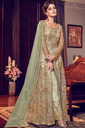Light Green Engagement Wear Beautiful Embroidered Salwar Kameez With Net Dupatta And Santoon Bottom