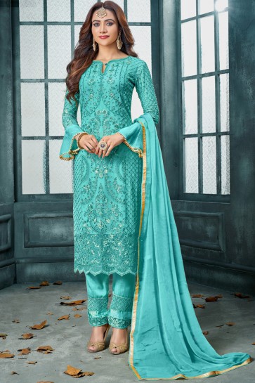 Sky Blue Beautiful Georgette Embroidered Salwar Suit With Nazmin Dupatta And Santoon Bottom