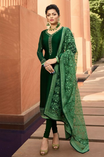 Gorgeous Drashti Dhami Georgette Satin Green Embroidered Salwar Suit And Dupatta
