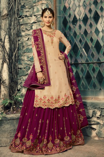 Party Wear Amyra Dastur Cream Beads work And Lace Work Georgette Satin Lehenga Suit And Dupatta