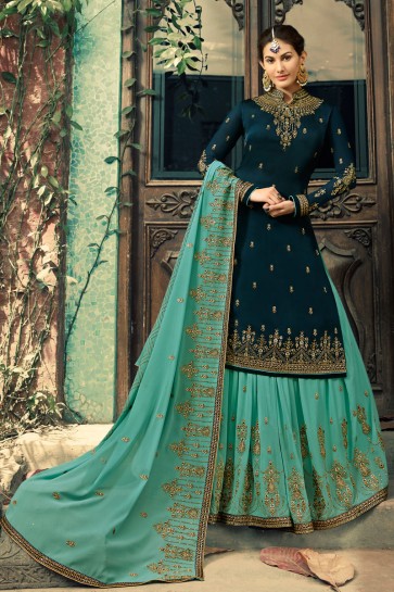 Delightful Navy Blue Amyra Dastur Embroidered And Beads work Georgette Satin Lehenga Suit And Dupatta