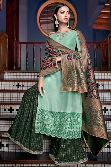 Beautiful Sea Green Tussar Silk Embroidered And Lace Work Plazzo Suit With Jacquard Dupatta