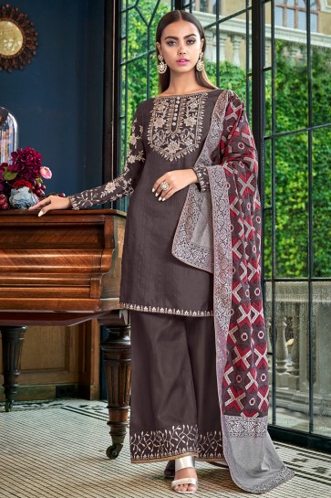 Dazzling Satin Charcoal Embroidered And Lace Work Plazzo Suit With Jacquard Dupatta