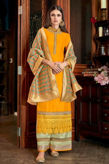 Delightful Silk Yellow Embroidered And Lace Work Plazzo Suit With Jacquard Dupatta
