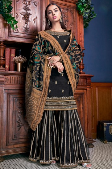 Gorgeous Black Banglori Silk Embroidered And Lace Work Plazzo Suit With Jacquard Dupatta