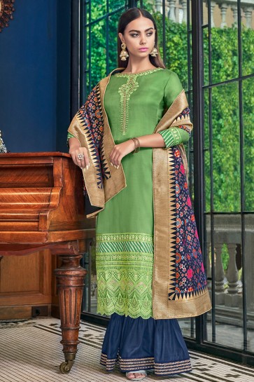 Lovely Embroidered And Lace Work Green Satin Plazzo Suit With Jacquard Dupatta