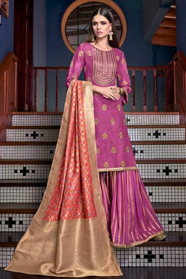 Pleasing Embroidered And Lace Work Wine Satin Plazzo Suit With Jacquard Dupatta