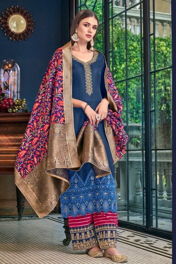 Splendid Navy Blue Satin Embroidered And Lace Work Plazzo Suit With Jacquard Dupatta