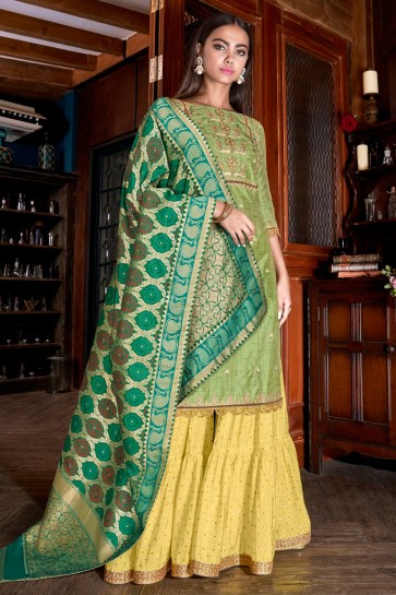 Stunning Silk Embroidered And Lace Work Light Green Plazzo Suit With Jacquard Dupatta