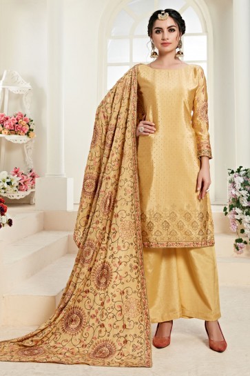 Golden Embroidered Chinon Fabric Plazzo Suit With Santoon Dupatta