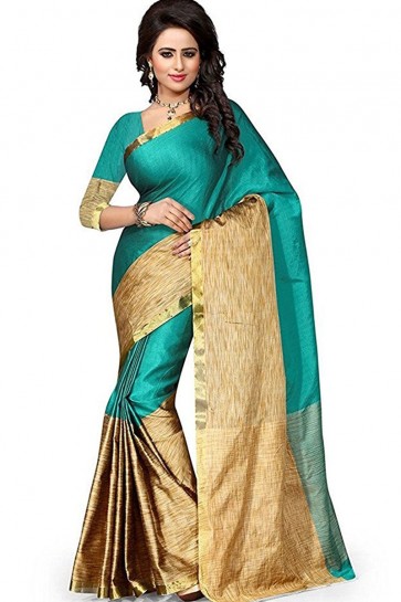 Admirable Beige and Green Cotton Party Wear Saree 