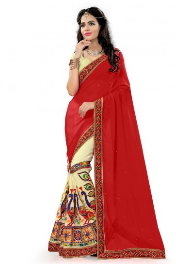 Red Georgette Printed Saree With Plain Blouse