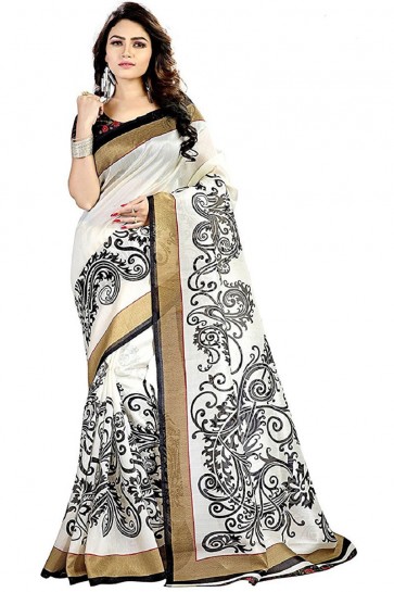 Ultimate White Bhagalpuri Printed Saree With Woven Work Blouse