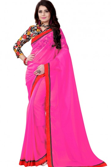 Classic Pink Georgette Lace Work Saree 