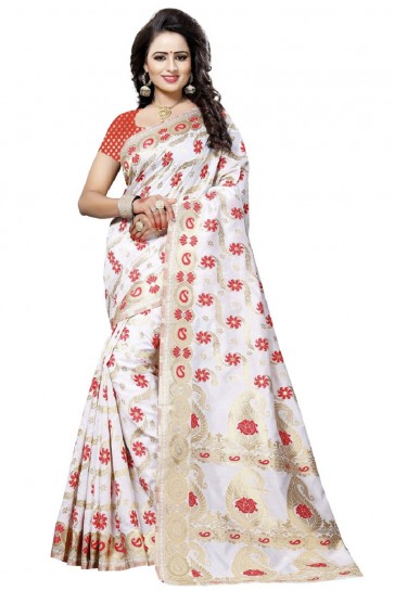 Graceful White and Red Printed Saree With Printed Blouse