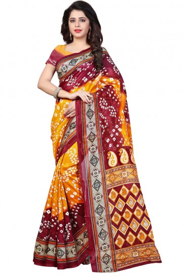 Pretty Yellow and Red Bhagalpuri Party Wear Printed Saree 