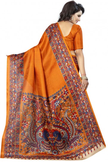 Admirable Orange Khadi Silk Party Wear Printed Saree 