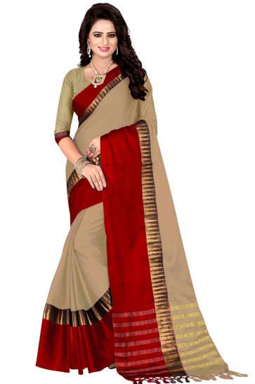 Beige and Red Pollycotton Party Wear Saree 