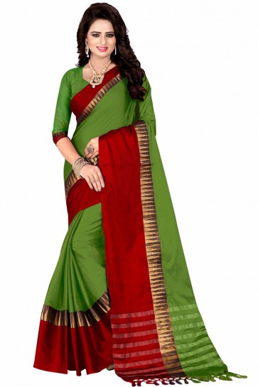 Gorgeous Green and Red Pollycotton Party Wear Saree 