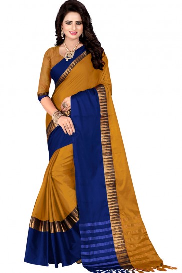 Beautiful Blue and Mustard Pollycotton Party Wear Saree 