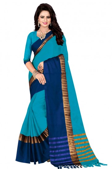 Supreme Blue and Sky Blue Pollycotton Party Wear Saree 