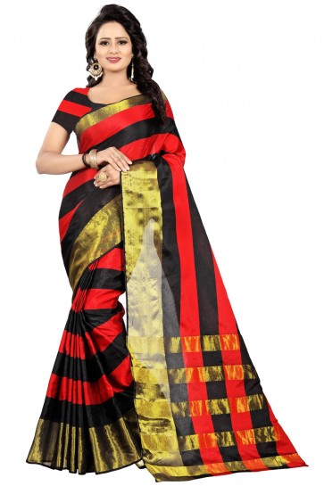 Classic Black and Red Pollycotton Party Wear Saree 