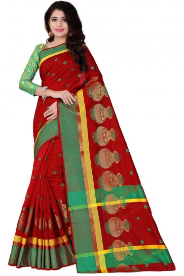 Beautiful Green and Red Pollycotton Printed Saree 
