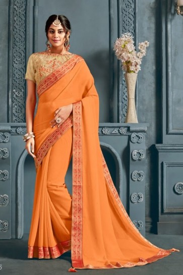 Stunning Orange Chiffon Fabric Designer Embroidered Saree With Silk Blouse